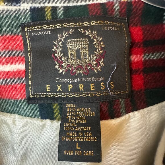 Vtg 90s EXPRESS Women Medium Wool Blend Red Ivory Tartan Plaid Jacket Blazer - Picture 2 of 3